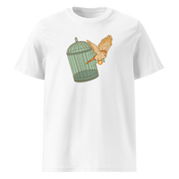 Escape from Fiat Madness organic cotton bitcoin t-shirt in White, front view: an orange bird escaping from an open green birdcage.