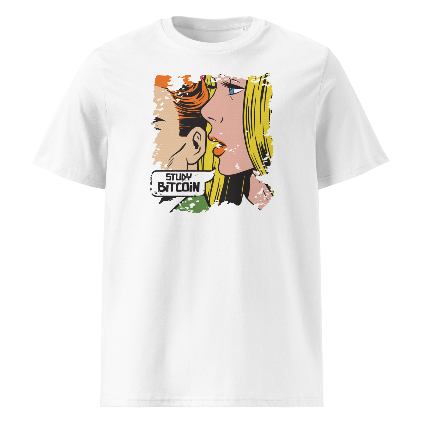 Study Bitcoin organic cotton bitcoin t-shirt in White, front view: a pop art comic scene of a couple whispering, captioned Study Bitcoin.