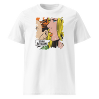 Study Bitcoin organic cotton bitcoin t-shirt in White, front view: a pop art comic scene of a couple whispering, captioned Study Bitcoin.