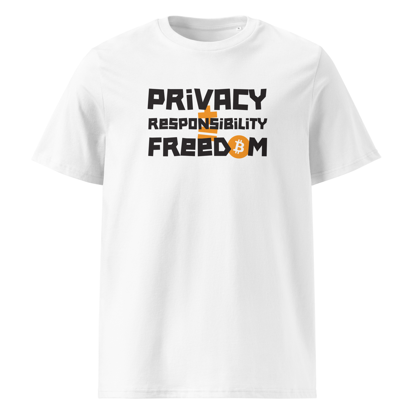 Privacy Responsibility Freedom organic cotton bitcoin t-shirt in White, front view: Privacy Responsibility Freedom in white stencil letters, the O of Freedom an orange bitcoin coin.