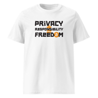 Privacy Responsibility Freedom organic cotton bitcoin t-shirt in White, front view: Privacy Responsibility Freedom in white stencil letters, the O of Freedom an orange bitcoin coin.
