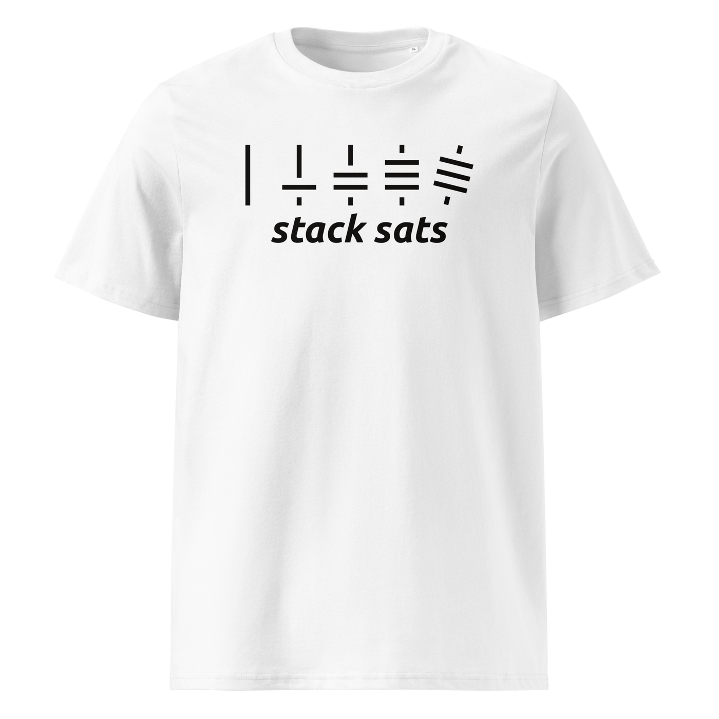 Stack Sats organic cotton bitcoin t-shirt in White, front view: five rising stacks of lines above the words stack sats.