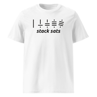 Stack Sats organic cotton bitcoin t-shirt in White, front view: five rising stacks of lines above the words stack sats.