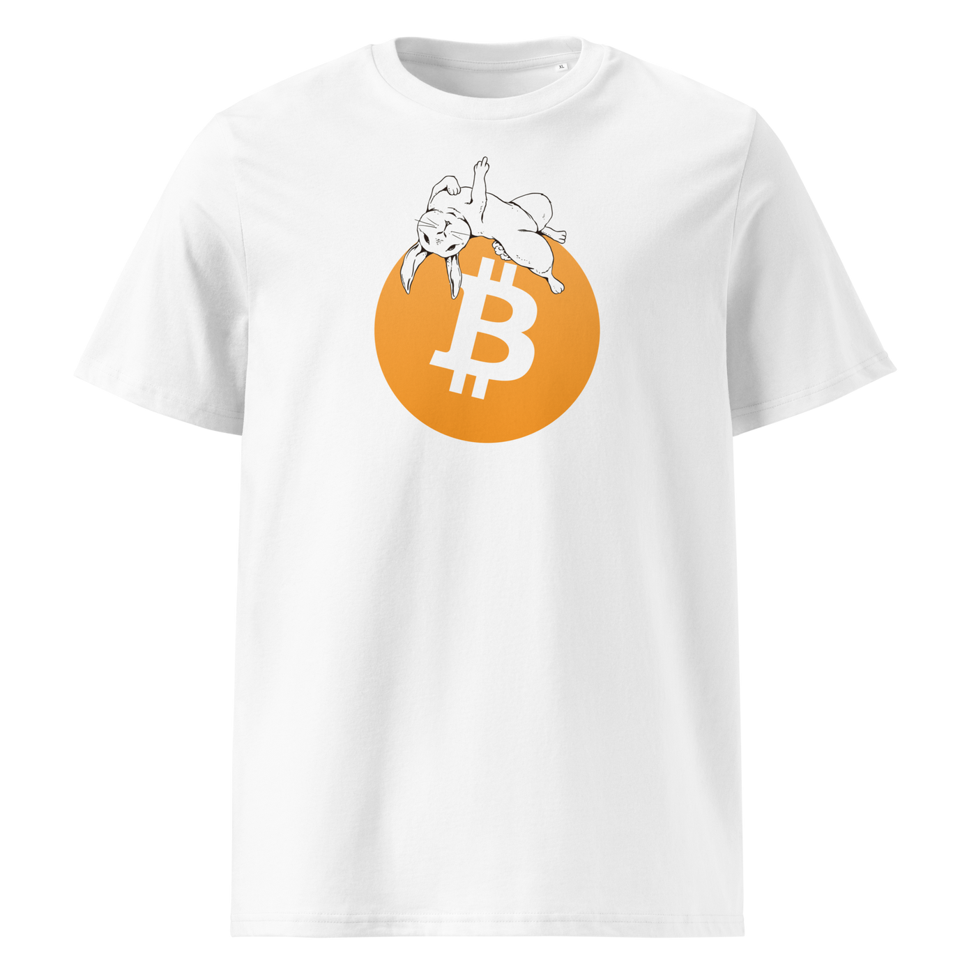White Rabbit Bitcoin - F*** Fiat Money organic cotton bitcoin t-shirt in White, front view: a white rabbit leaping over a large orange bitcoin coin.