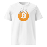 White Rabbit Bitcoin - F*** Fiat Money organic cotton bitcoin t-shirt in White, front view: a white rabbit leaping over a large orange bitcoin coin.