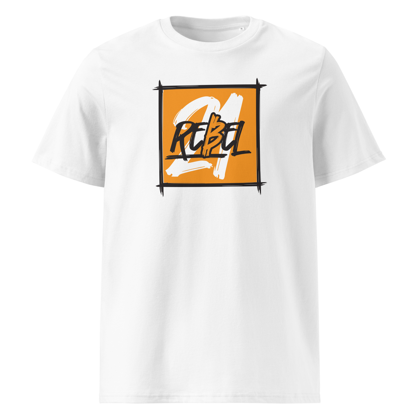 21 Rebel organic cotton bitcoin t-shirt in White, front view: a brushed orange square with 21 REBEL in white and black lettering.