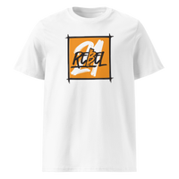 21 Rebel organic cotton bitcoin t-shirt in White, front view: a brushed orange square with 21 REBEL in white and black lettering.
