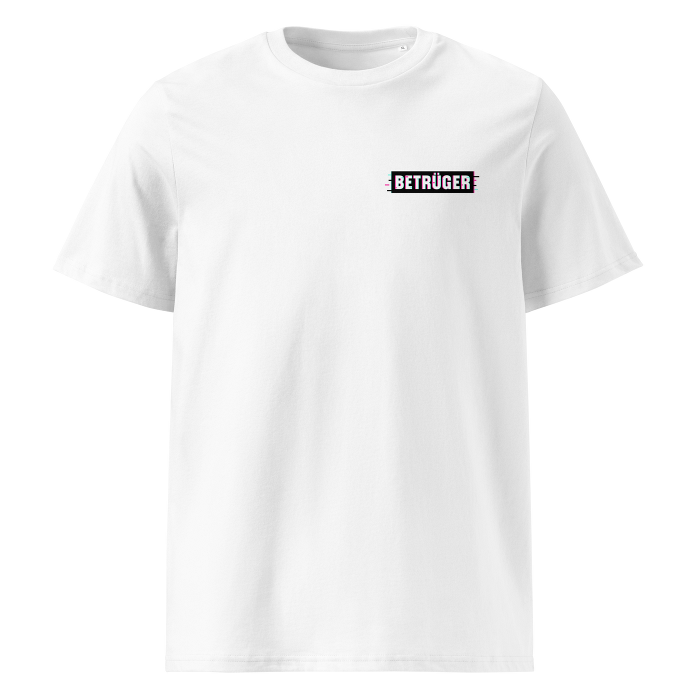Betrüger anarcho late night organic cotton t-shirt in White, front view: a small black box logo reading Betrueger on the left chest.