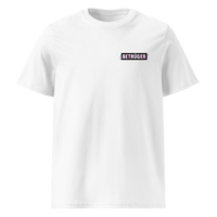 Betrüger anarcho late night organic cotton t-shirt in White, front view: a small black box logo reading Betrueger on the left chest.
