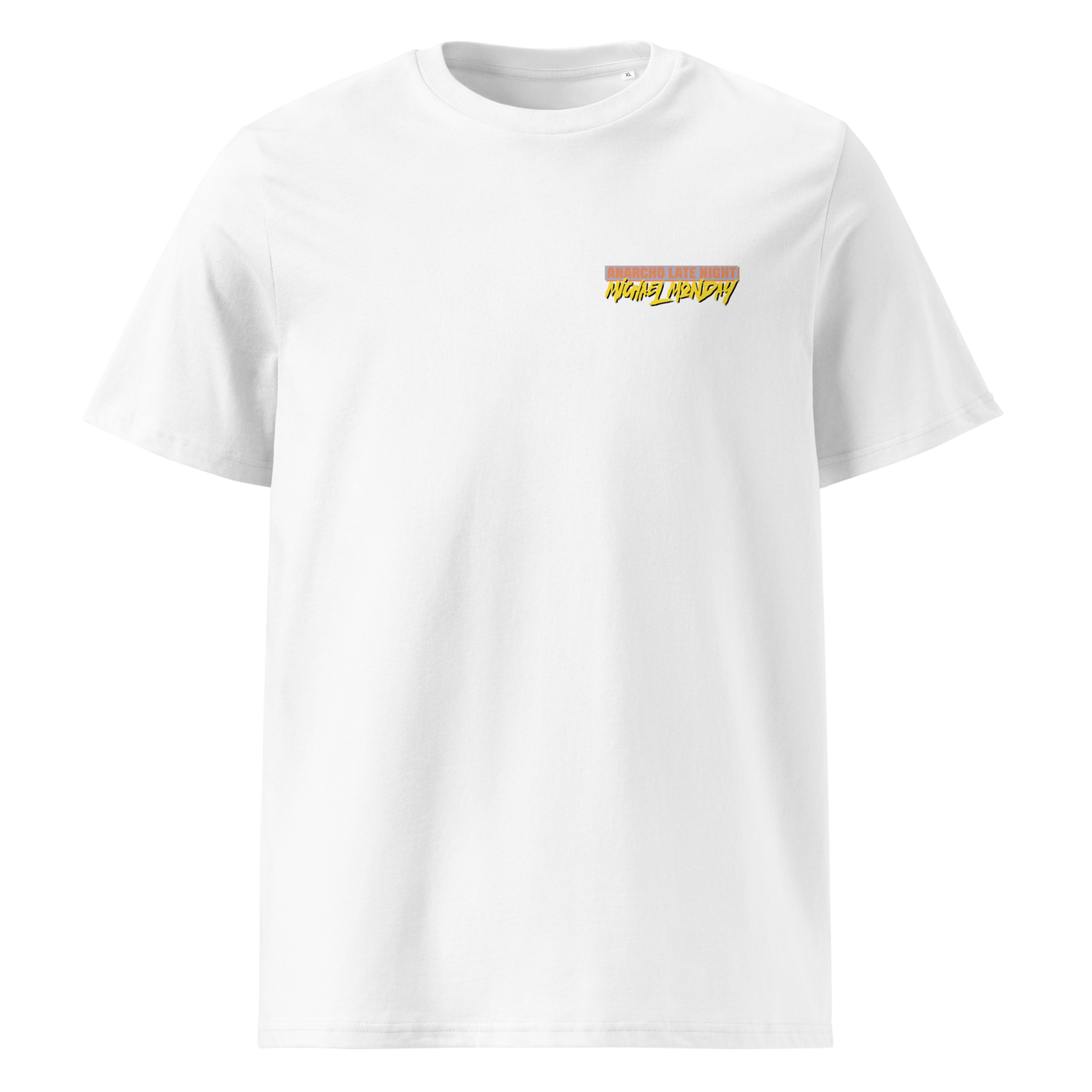 Michael Monday anarcho late night organic cotton t-shirt in White, front view: small Michael Monday brush lettering on the left chest.