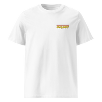 Michael Monday anarcho late night organic cotton t-shirt in White, front view: small Michael Monday brush lettering on the left chest.