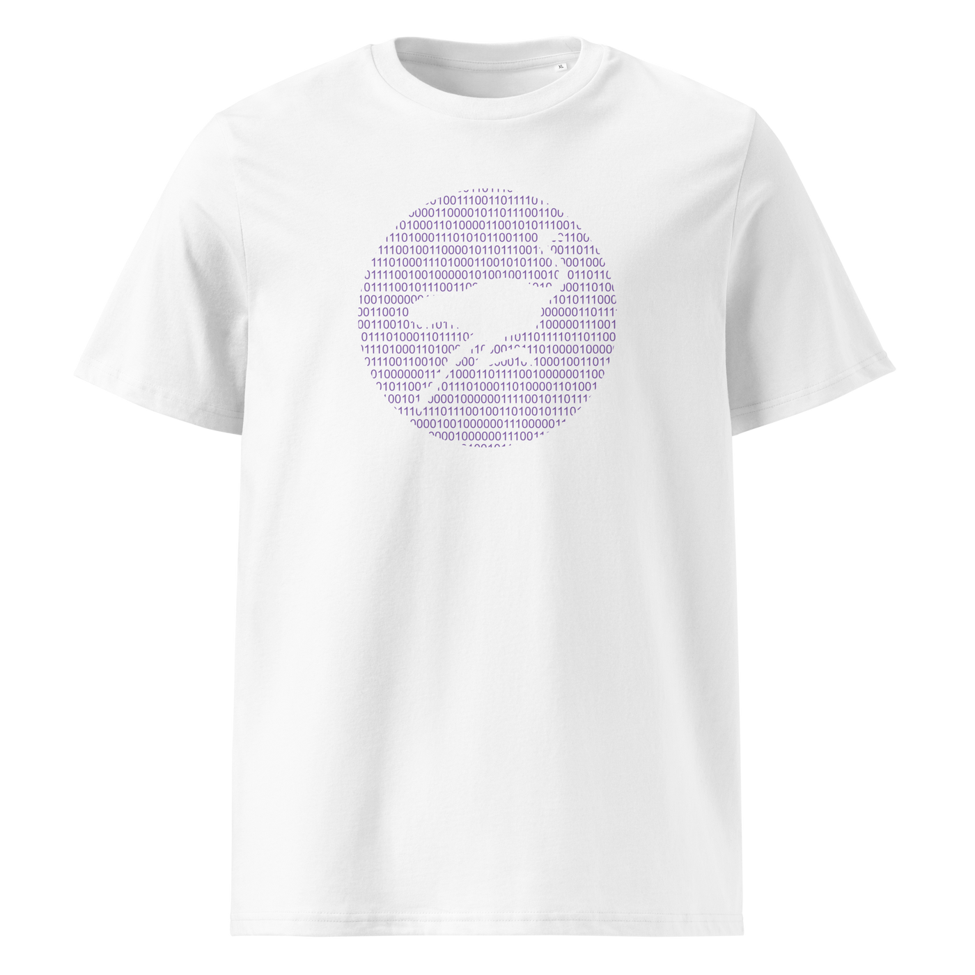 Nostr Binary organic cotton nostr t-shirt in White, front view: a round emblem built from purple binary digits.
