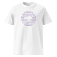 Nostr Binary organic cotton nostr t-shirt in White, front view: a round emblem built from purple binary digits.
