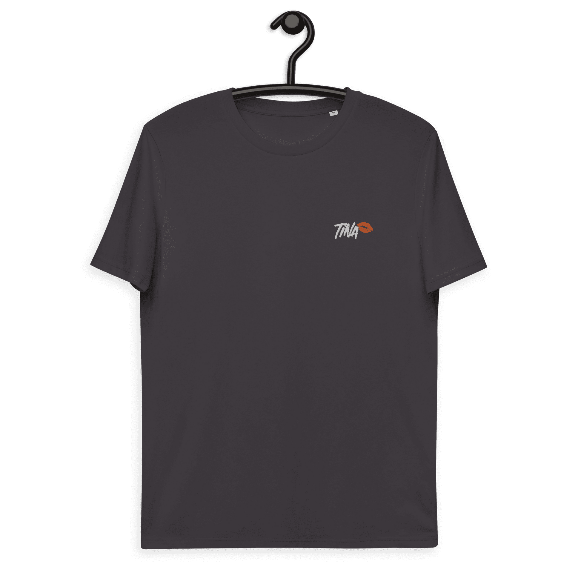 Front view of an anthracite embroidered bitcoin t-shirt.