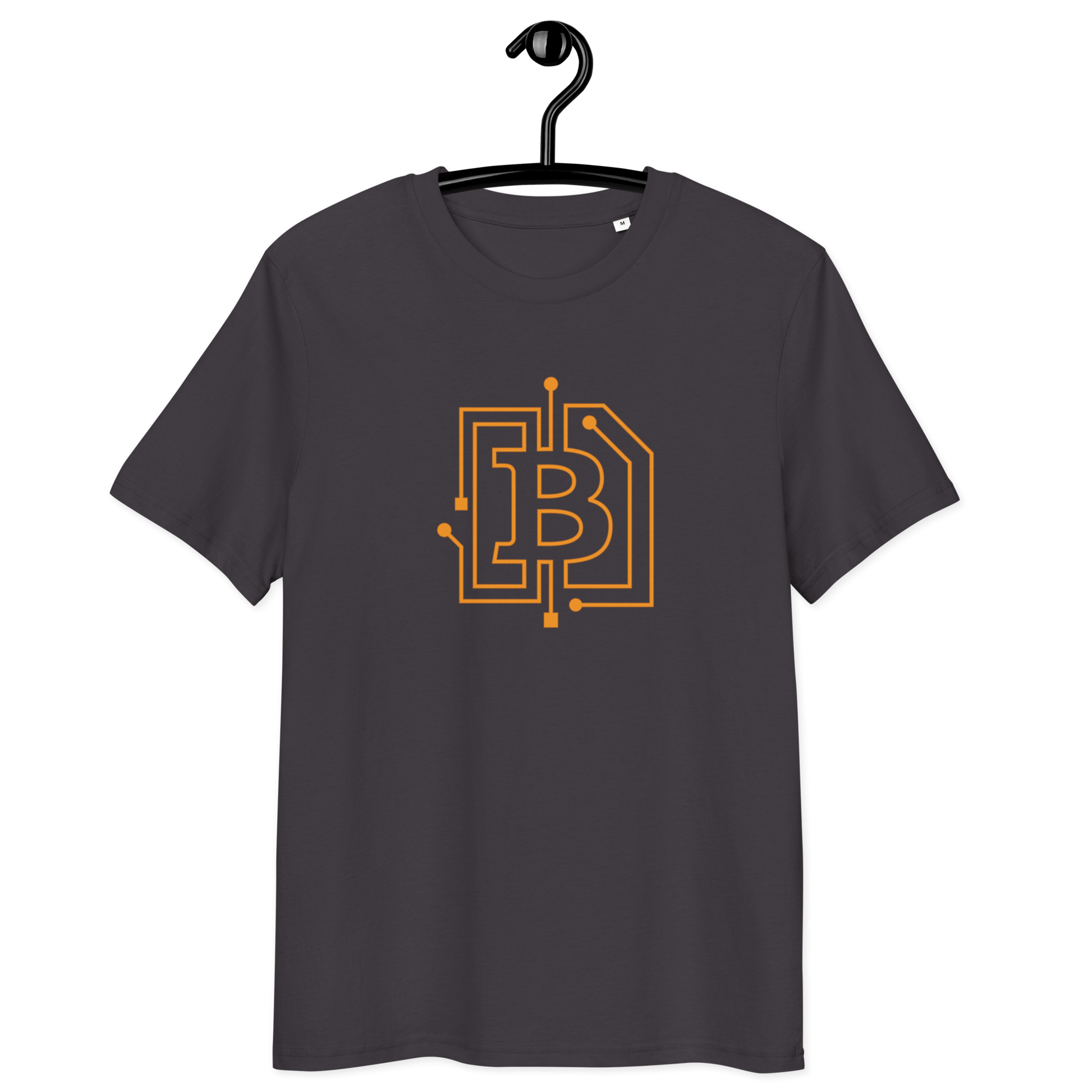 Front view of a anthracite bitcoin t-shirt.