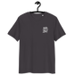 Front view of an anthracite embroidered bitcoin t-shirt.