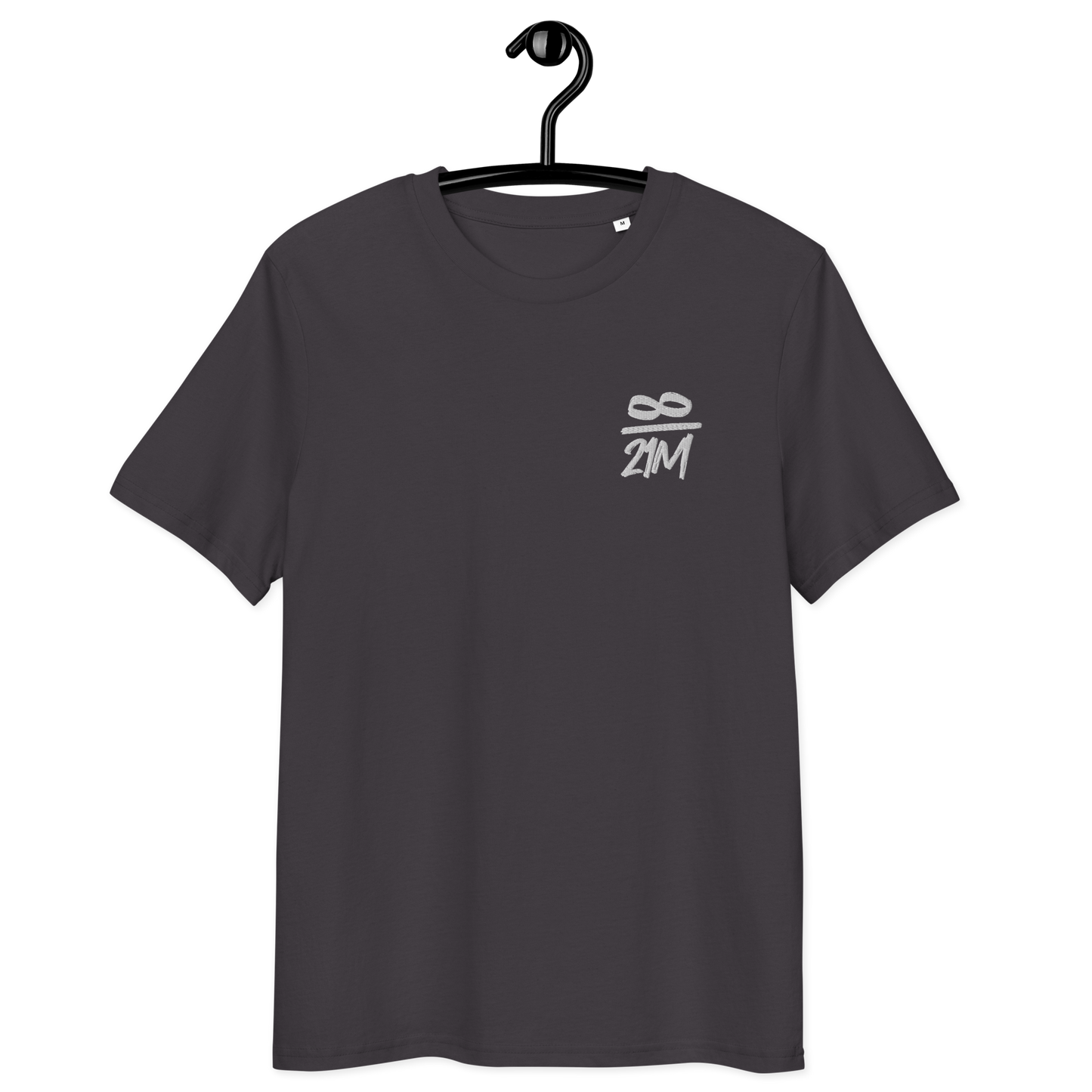 Front view of an anthracite embroidered bitcoin t-shirt.