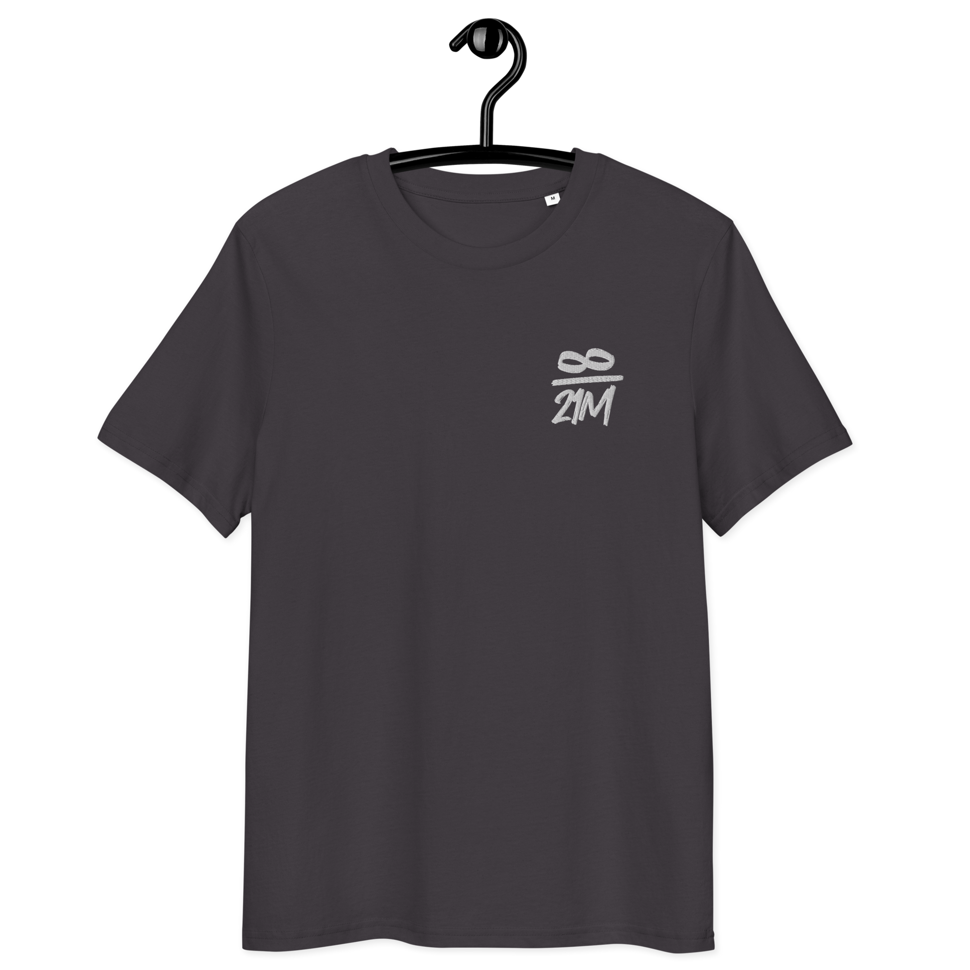 Front view of an anthracite embroidered bitcoin t-shirt.