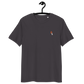 Front view of an anthracite embroidered bitcoin t-shirt.