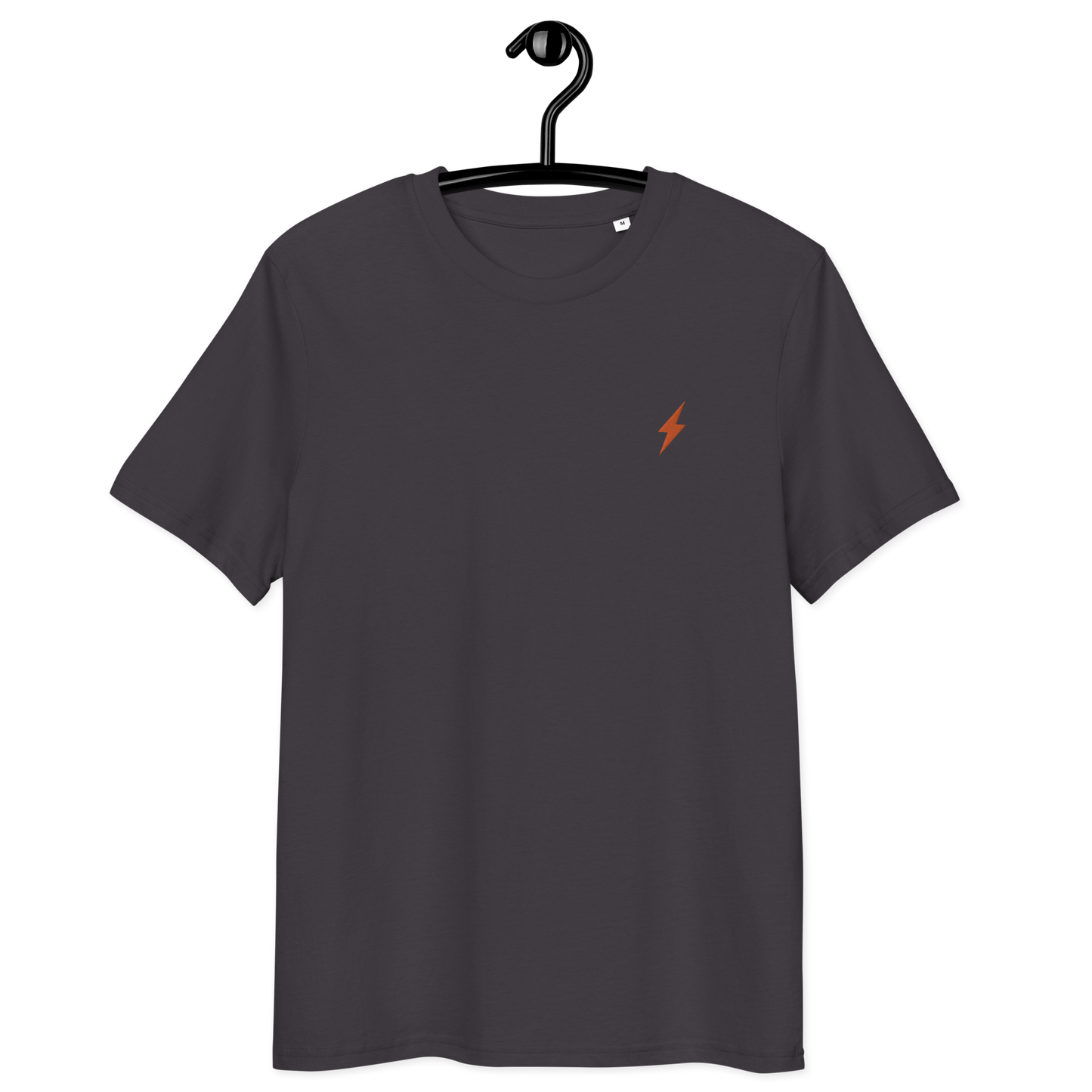 Front view of an anthracite embroidered bitcoin t-shirt.