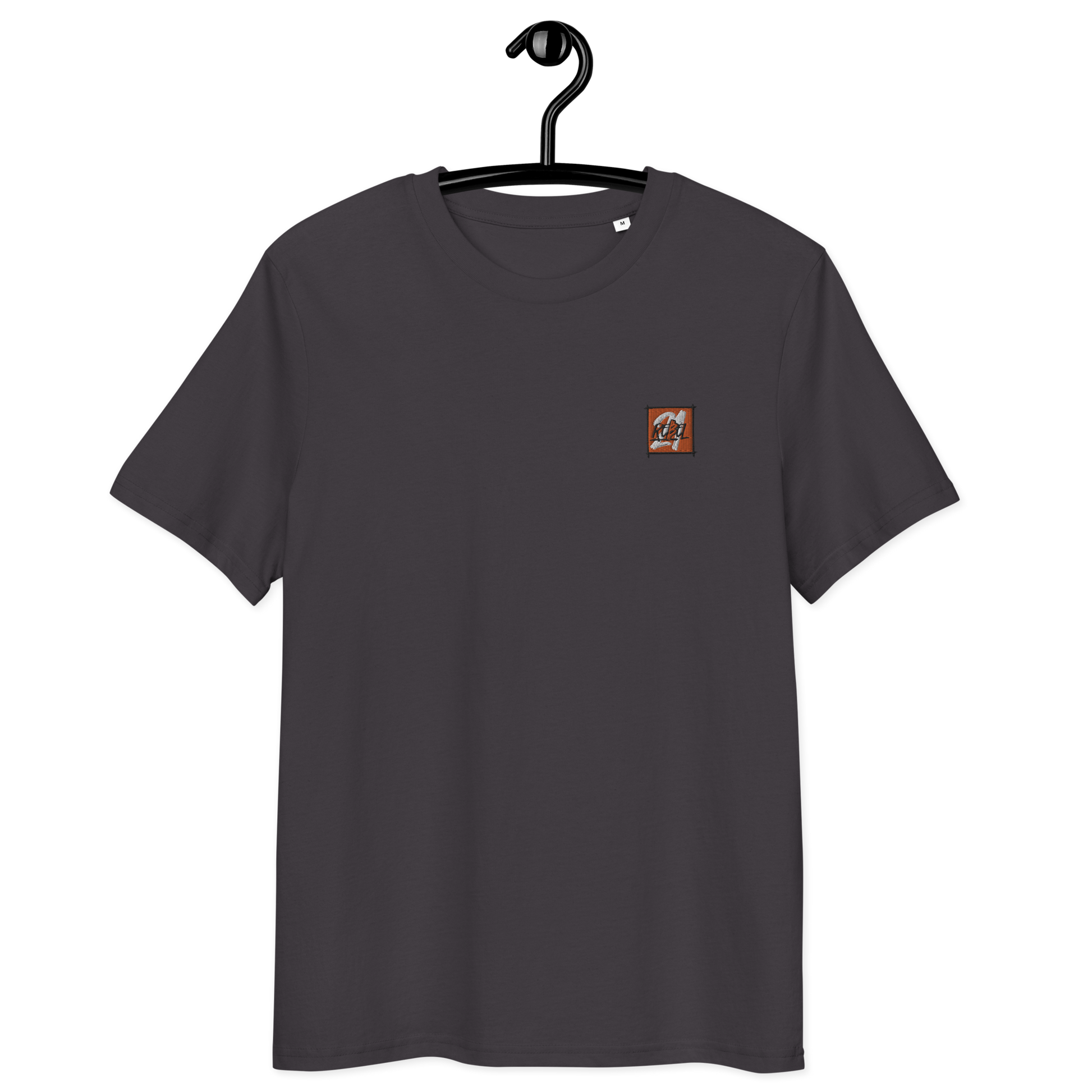 Front view of an anthracite embroidered bitcoin t-shirt.