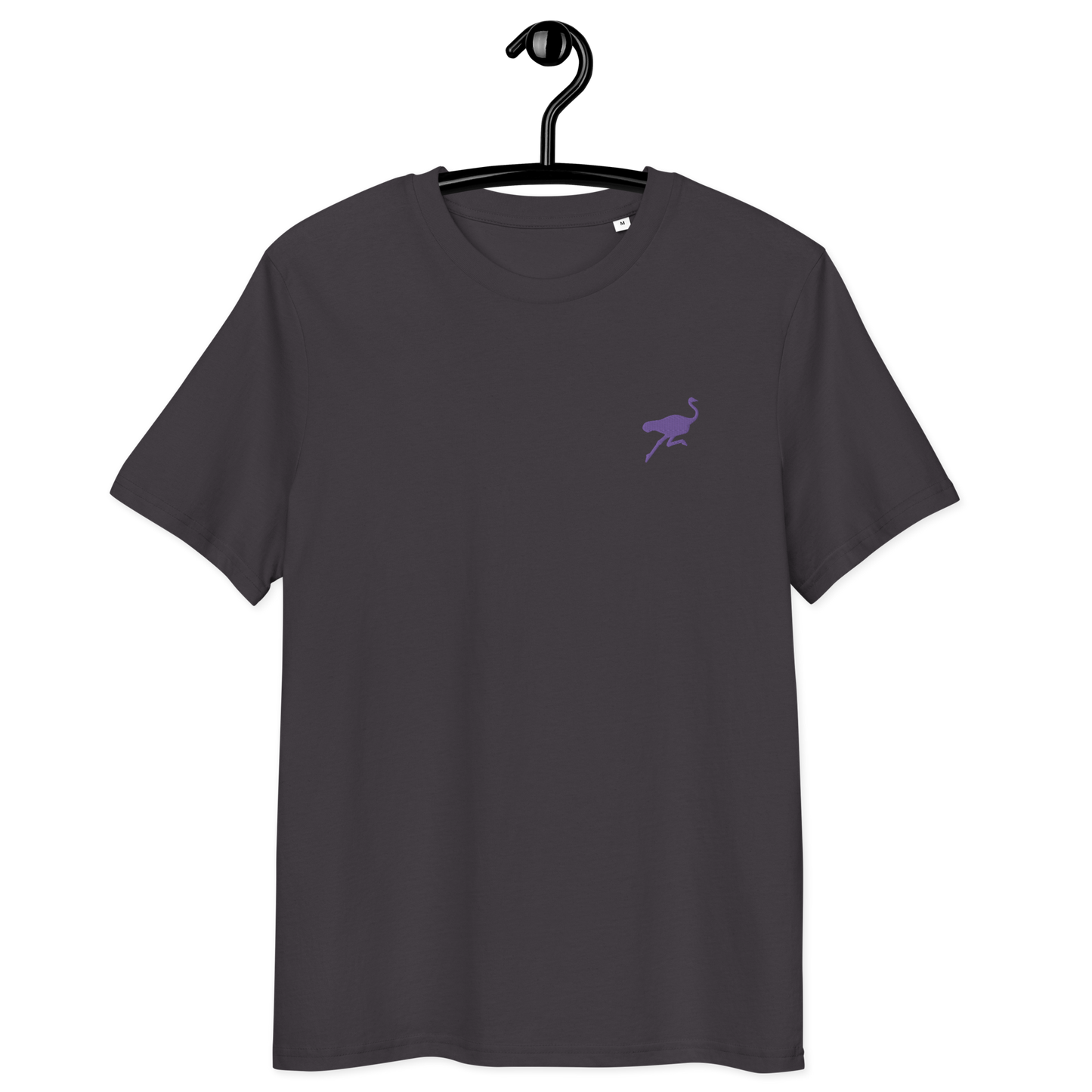 Front view of an anthracite embroidered nostr t-shirt.