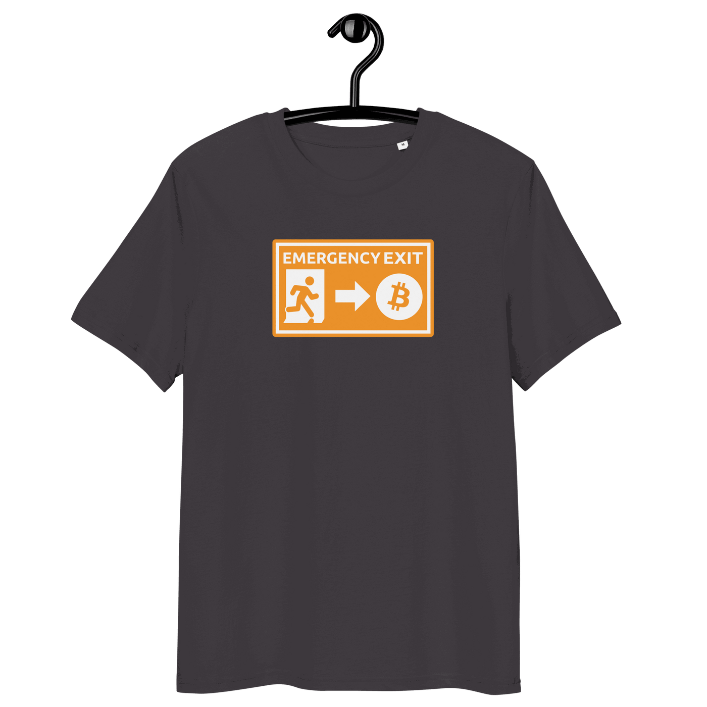 Emergency exit organic cotton Bitcoin t-shirt with sustainability certification logos
