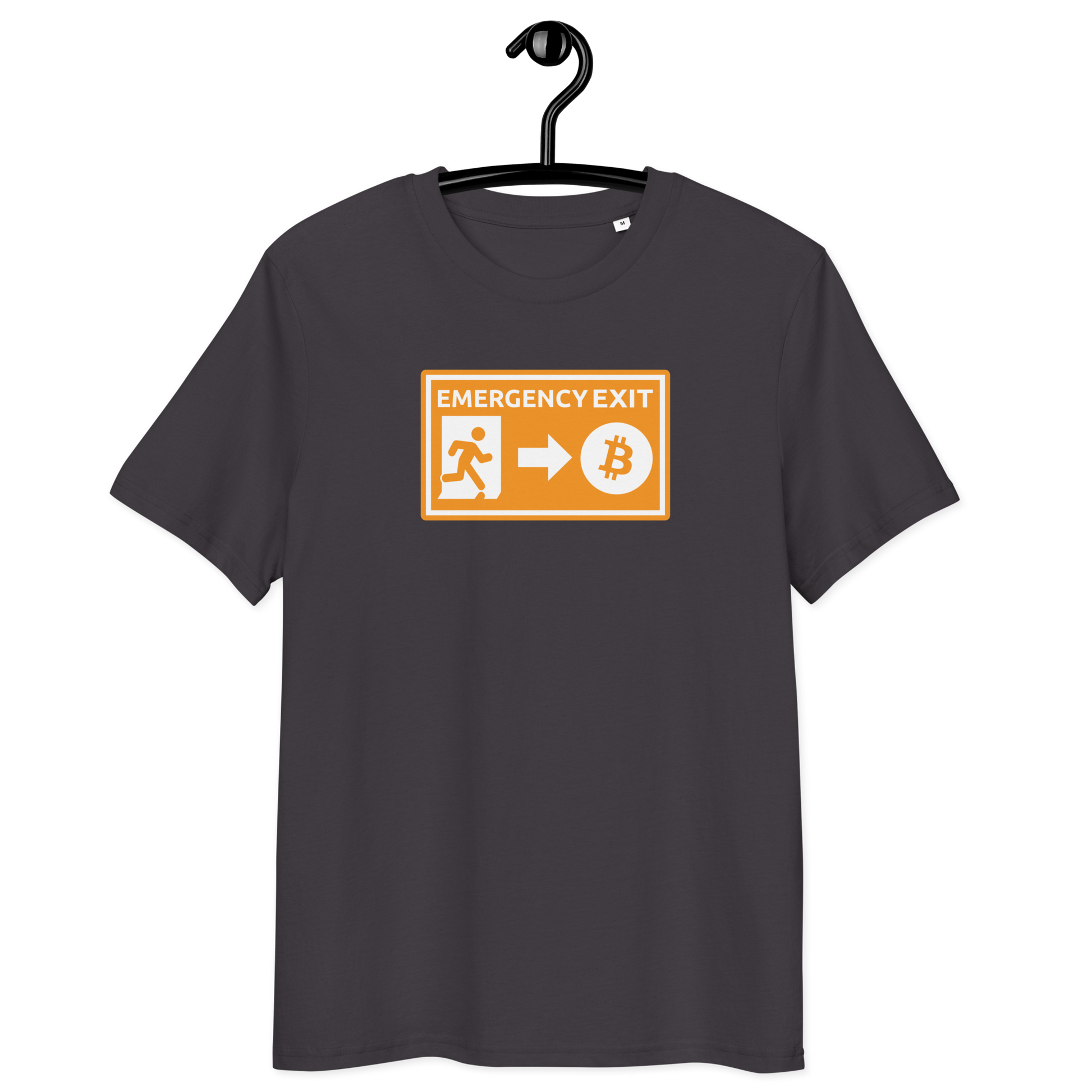 Front view of an athracite bitcoin t-shirt.