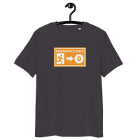 Emergency exit organic cotton Bitcoin t-shirt with sustainability certification logos