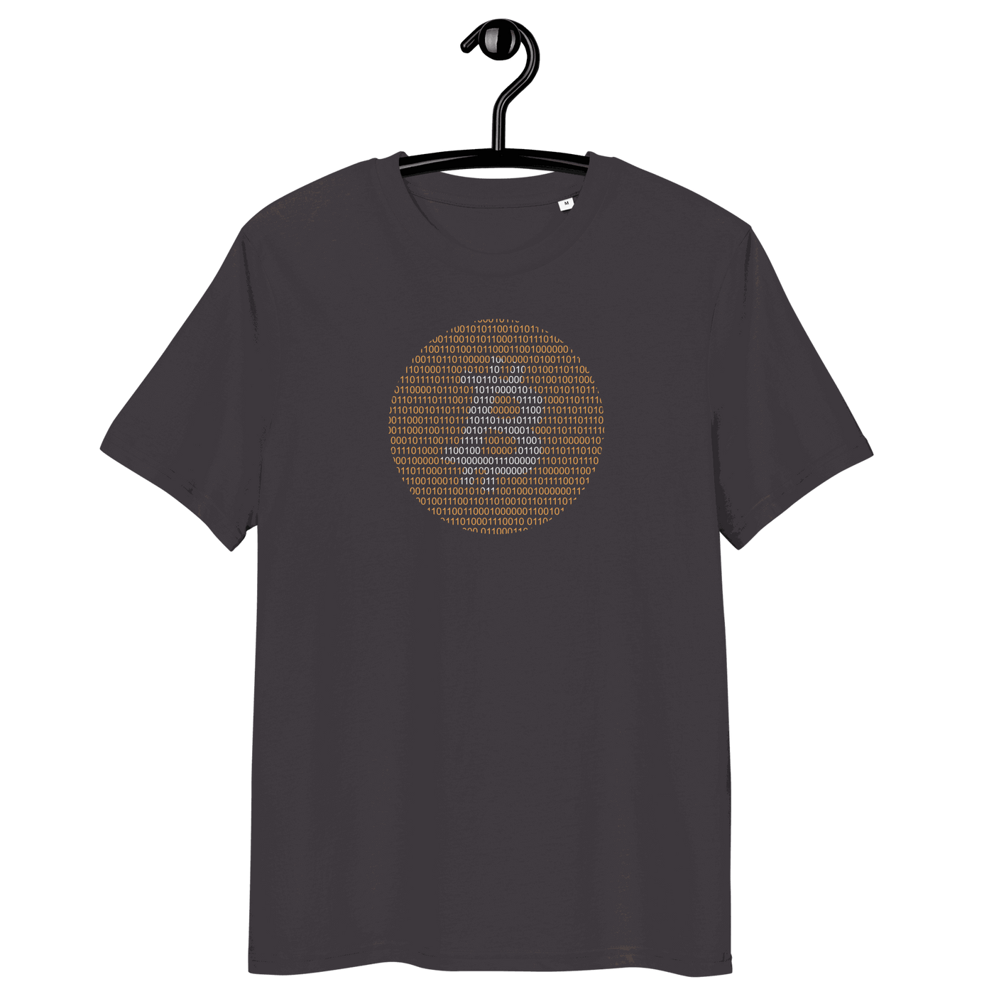 Organic cotton Bitcoin Binary t-shirt with multiple eco-friendly certifications logos