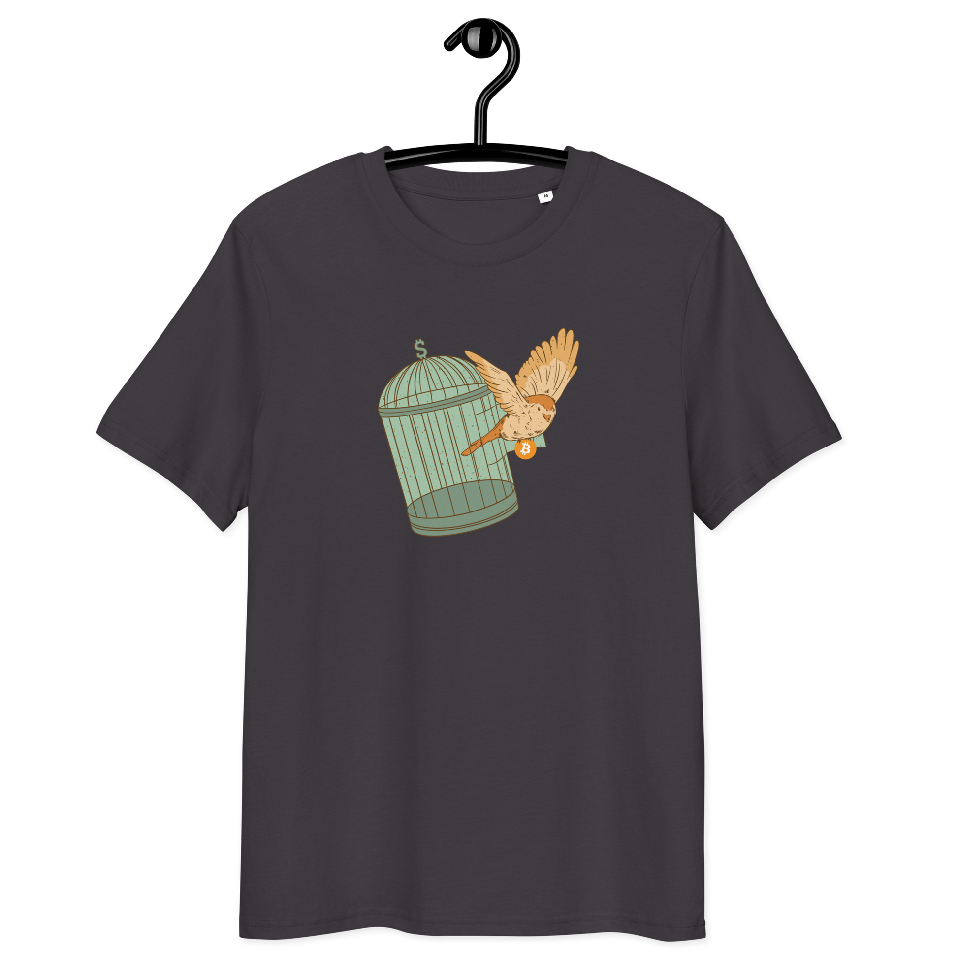 Front view of an athracite bitcoin t-shirt.