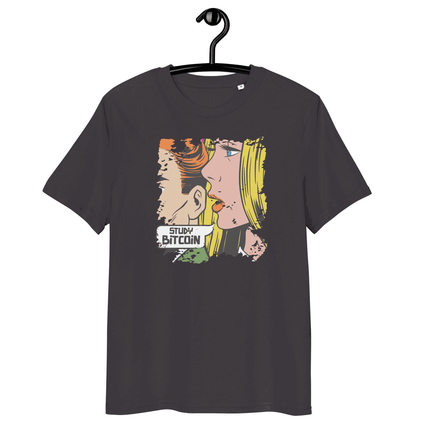Certified organic cotton t-shirt promoting Study Bitcoin with eco-friendly and ethical certifications