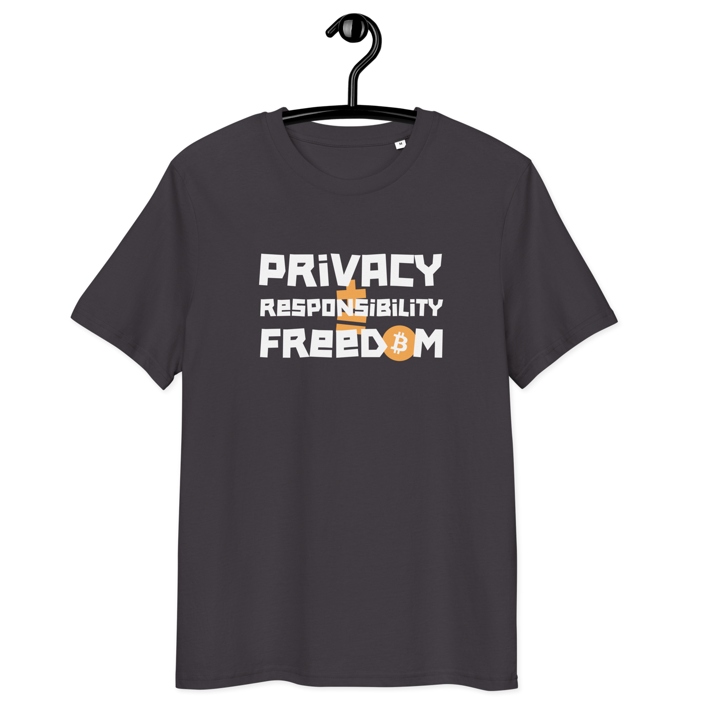 Organic cotton Bitcoin t-shirt with privacy and responsibility design and sustainable certification logos