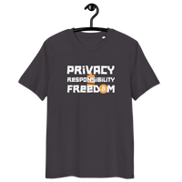 Organic cotton Bitcoin t-shirt with privacy and responsibility design and sustainable certification logos