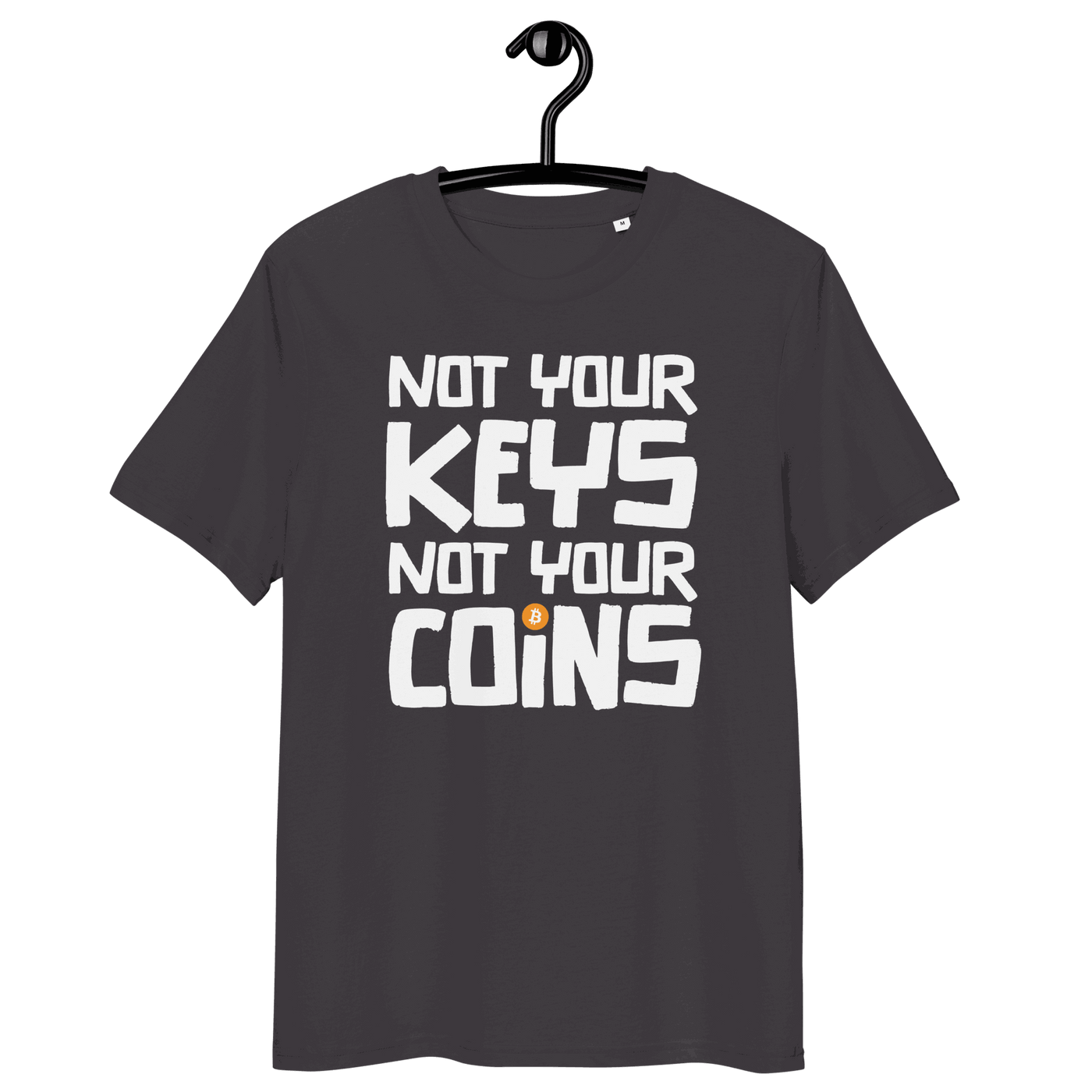 Front view of an athracite bitcoin t-shirt.