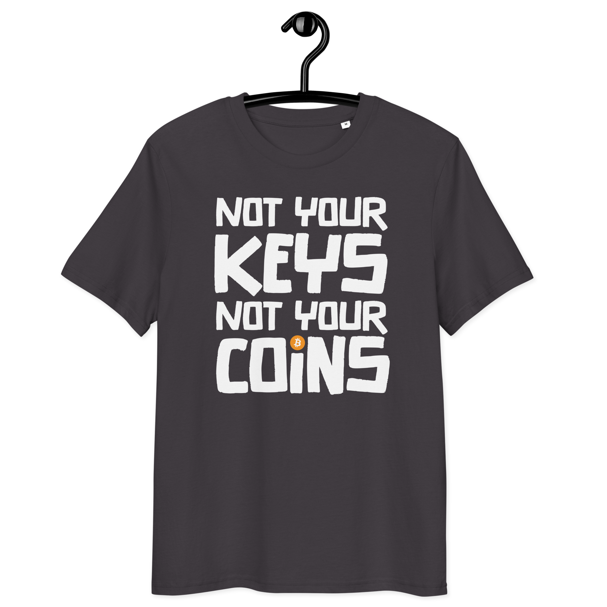 Front view of an athracite bitcoin t-shirt.