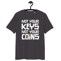 Front view of an athracite bitcoin t-shirt.