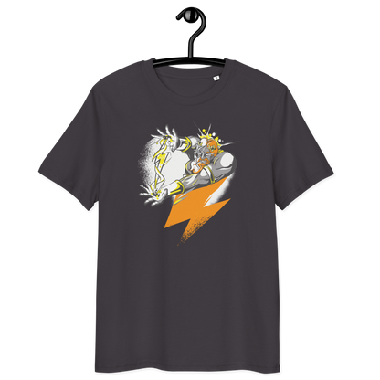 Organic cotton Bitcoin Support Zeus t-shirt with multiple eco-friendly certifications.