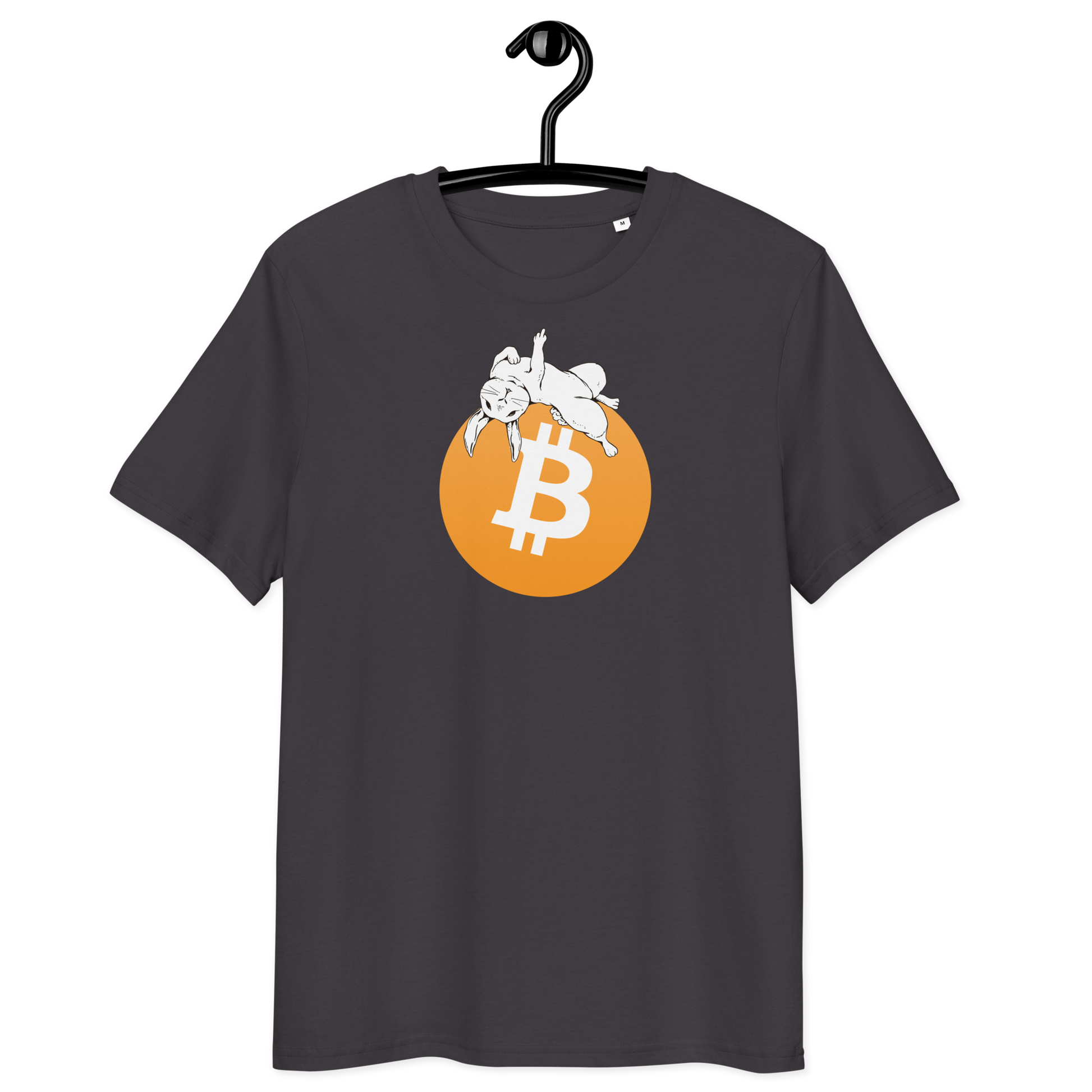 Front view of an athracite bitcoin t-shirt.