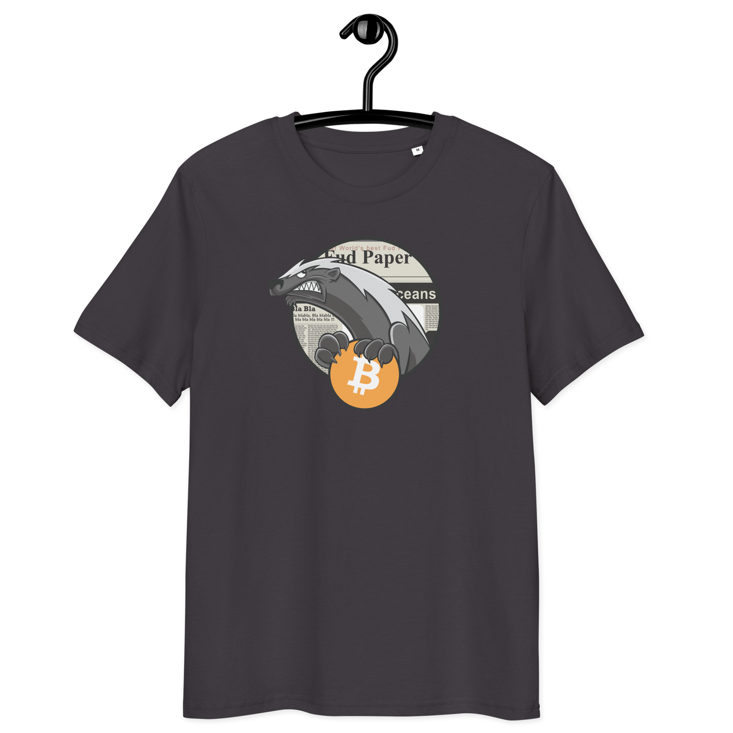 Front view of an athracite bitcoin t-shirt.