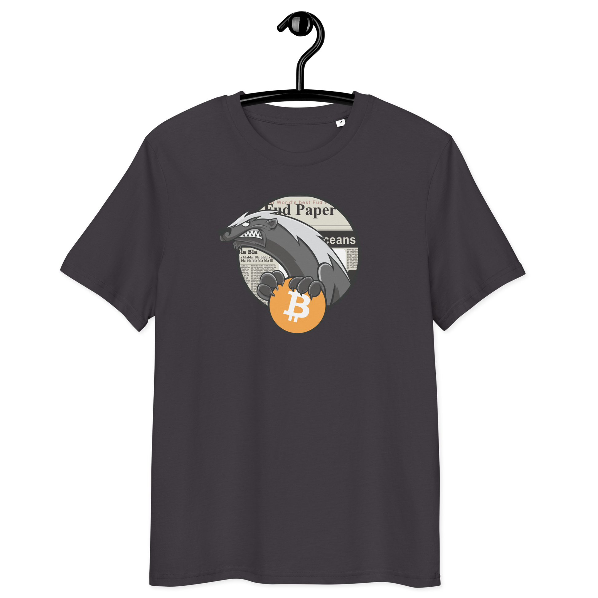 Front view of an athracite bitcoin t-shirt.