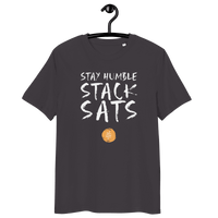 Stay Humble Stack Sats organic cotton Bitcoin t-shirt with eco-friendly certifications