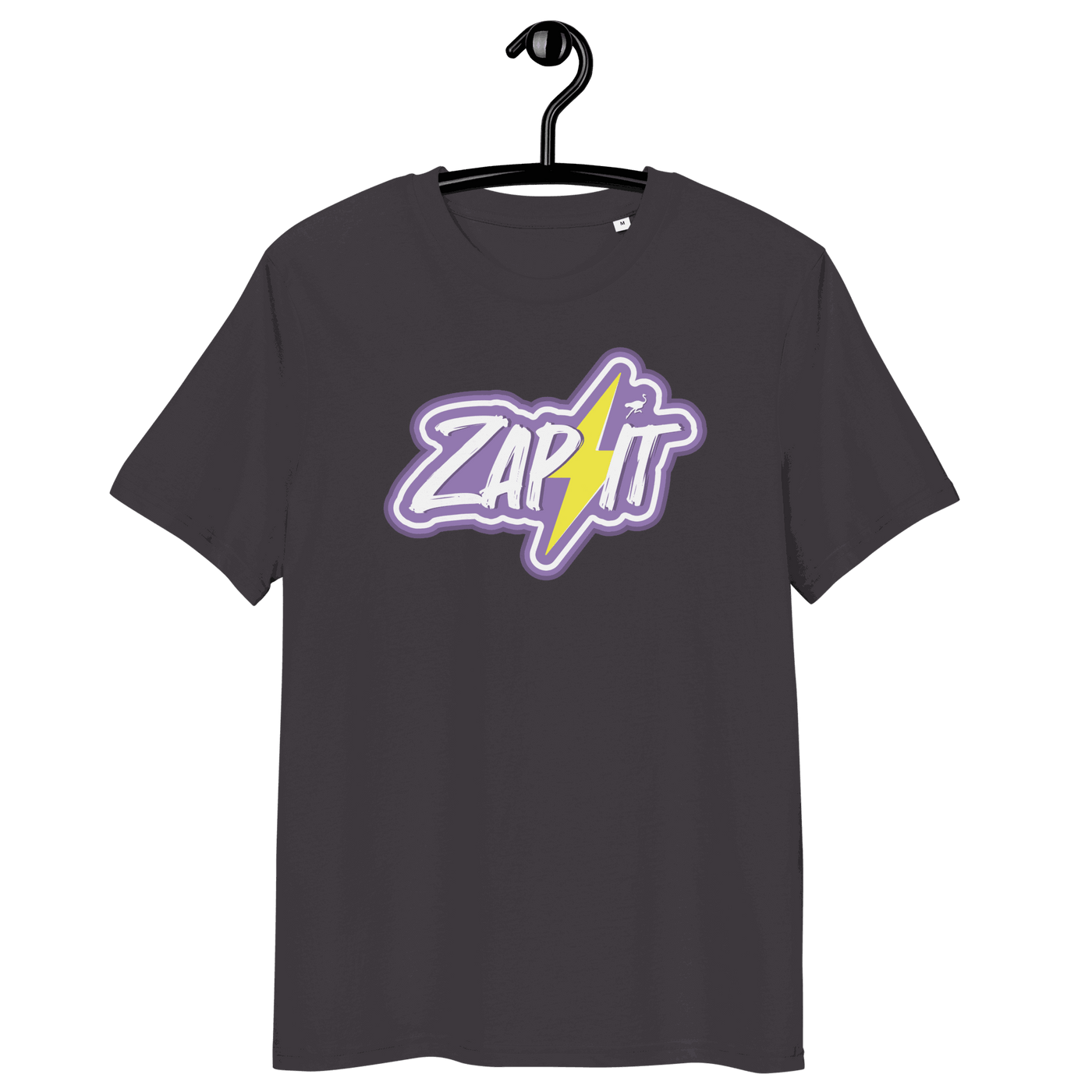 Certification logos for Zap It Nostr organic cotton T-shirt including OEKO-TEX, PETA, GOTS, OCS, and GRS