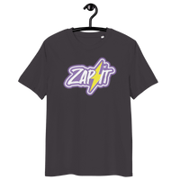 Certification logos for Zap It Nostr organic cotton T-shirt including OEKO-TEX, PETA, GOTS, OCS, and GRS