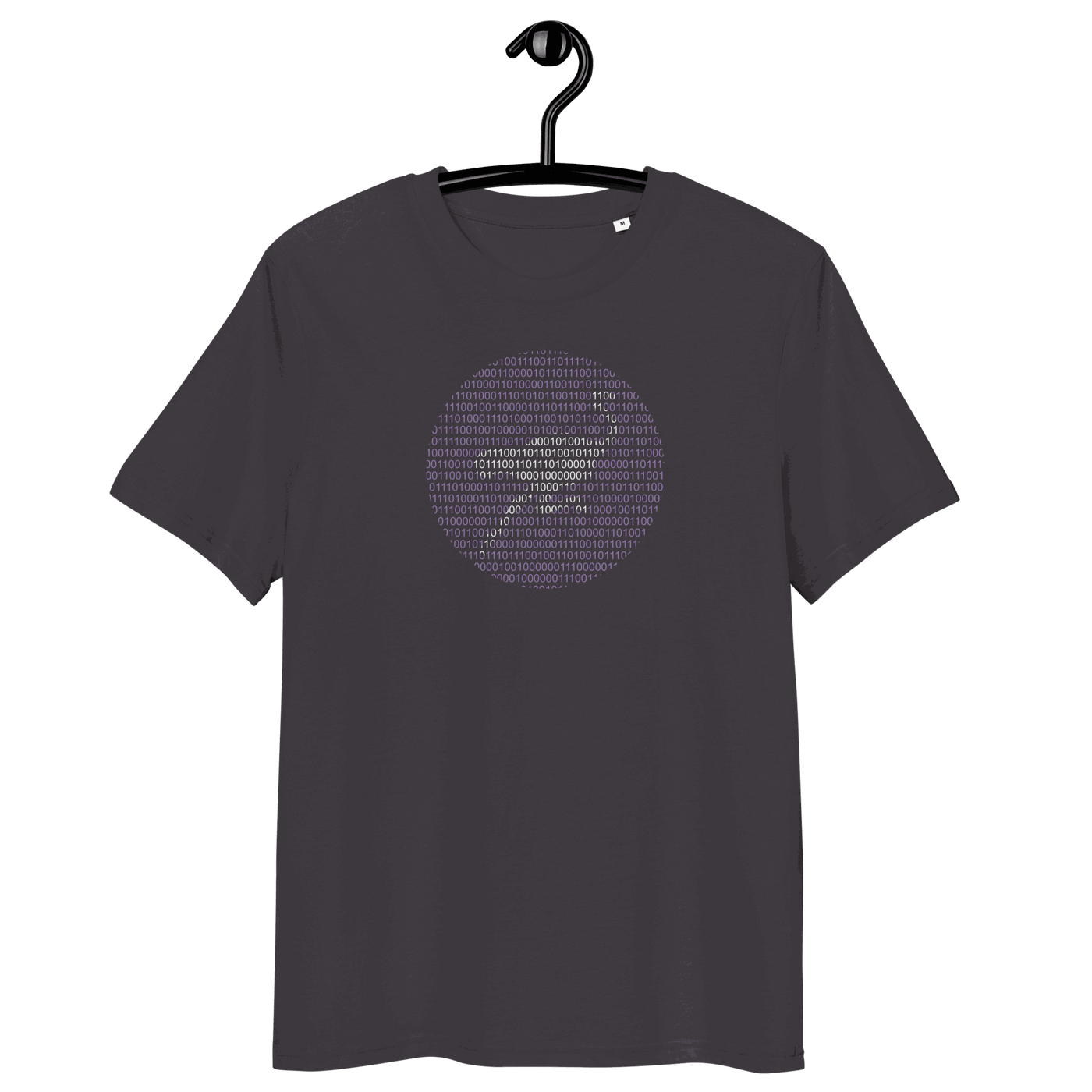 Certification logos for OEKO-TEX, PETA, GOTS, OCS, and GRS on Nostr Binary organic cotton t-shirt background