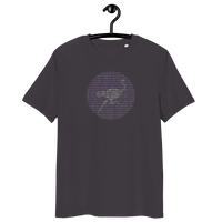 Certification logos for OEKO-TEX, PETA, GOTS, OCS, and GRS on Nostr Binary organic cotton t-shirt background