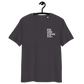 Front view of an anthracite embroidered bitcoin t-shirt.