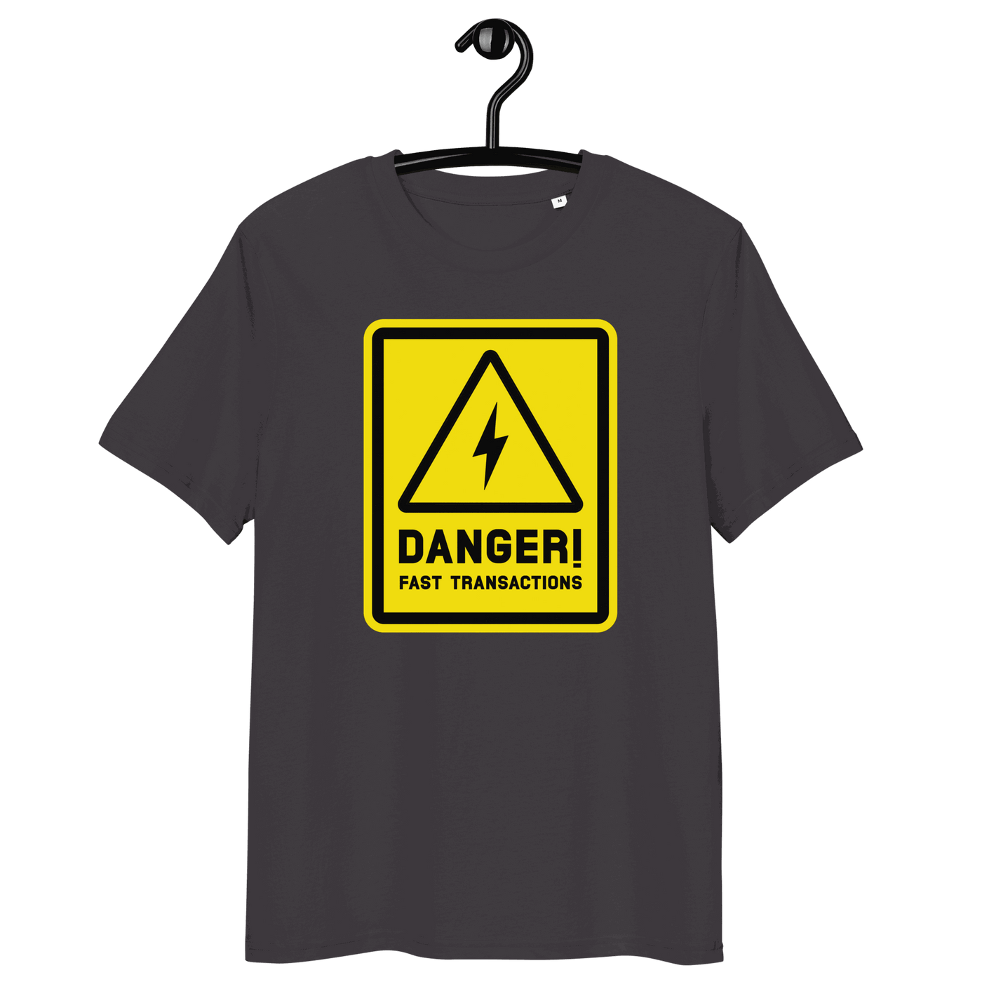 Front view of an athracite bitcoin t-shirt.