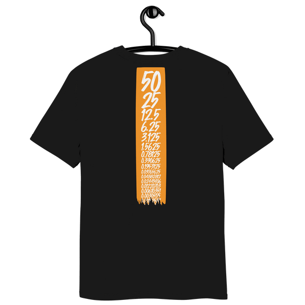 Organic cotton Bitcoin Halving T-shirt with certified eco-friendly badges and minimalist design
