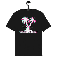 Certification logos for Anarcho Late Night organic cotton shirt including OEKO-TEX, PETA, GOTS, OCS, and GRS